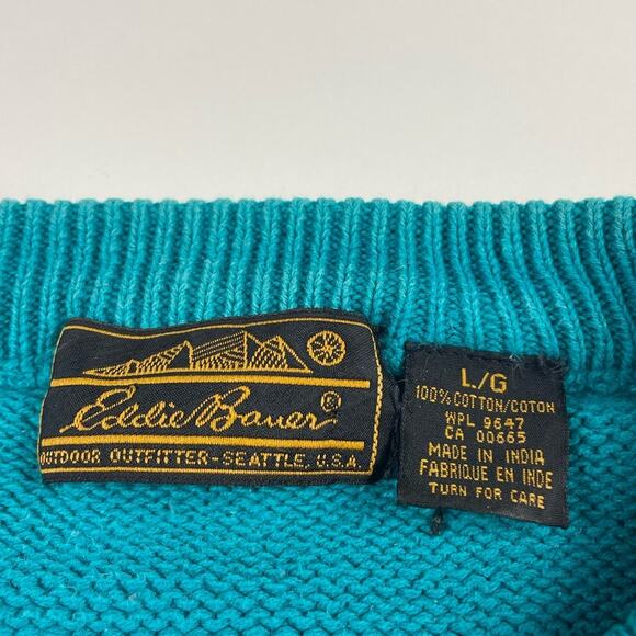 Vintage Teal Eddie Bauer Outdoors Hiking Camping 90s Sweater Size Large - Picture 3 of 7